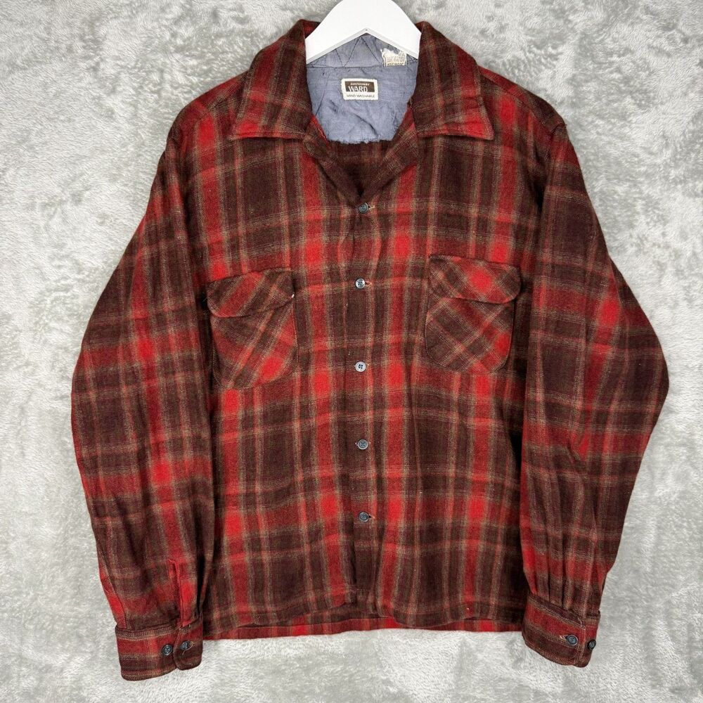 VTG 60s Montgomery Ward Shirt Mens Medium Red Brown Plaid Wool Blend Fireside